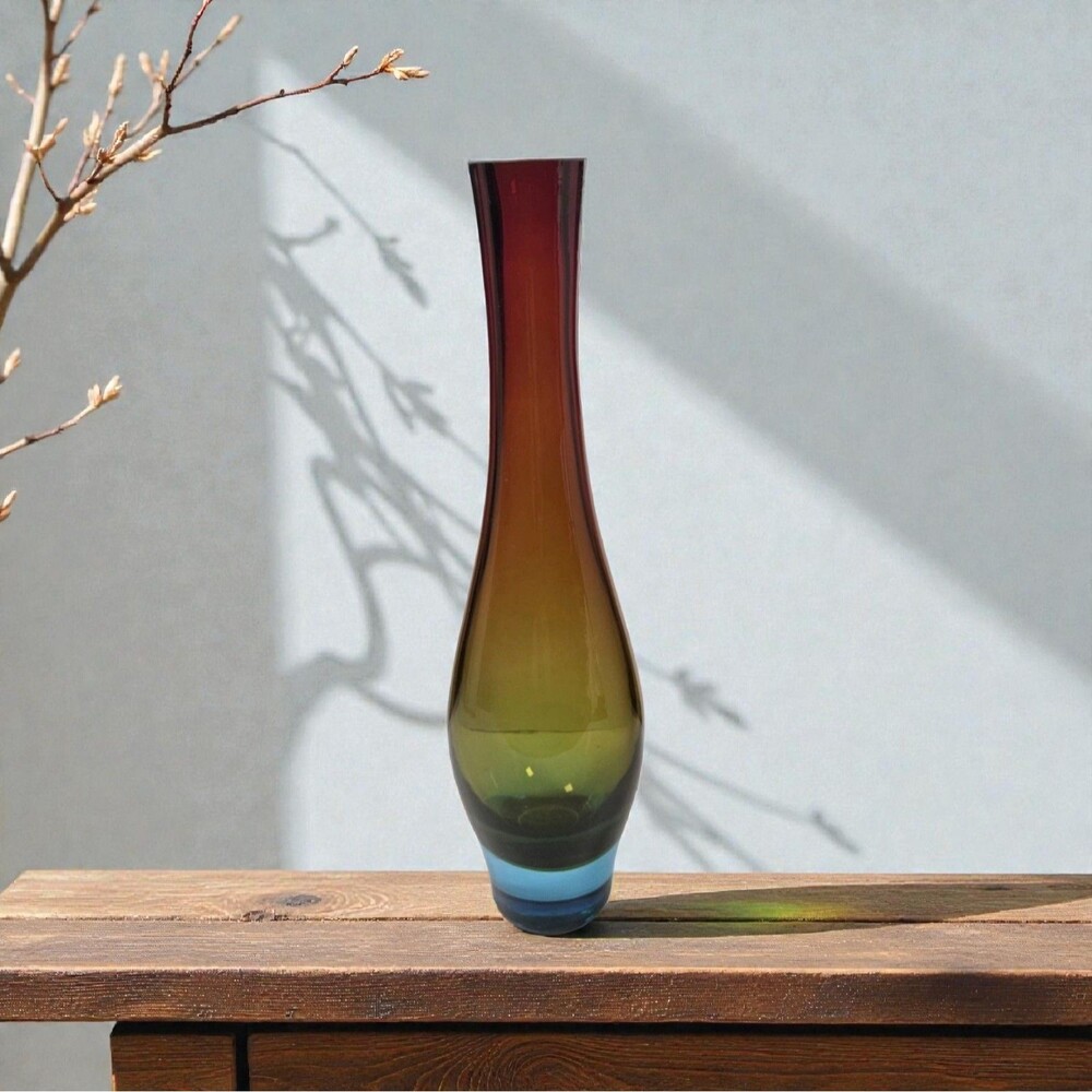 Sasaki Crystal “Trinity” Art Glass Vase 13.5” Handcrafted Poland Amber Blue